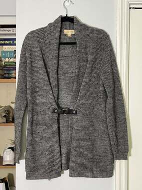 Michael Michael Kors Gray Waffle Knit Belted Cardigan Size L
